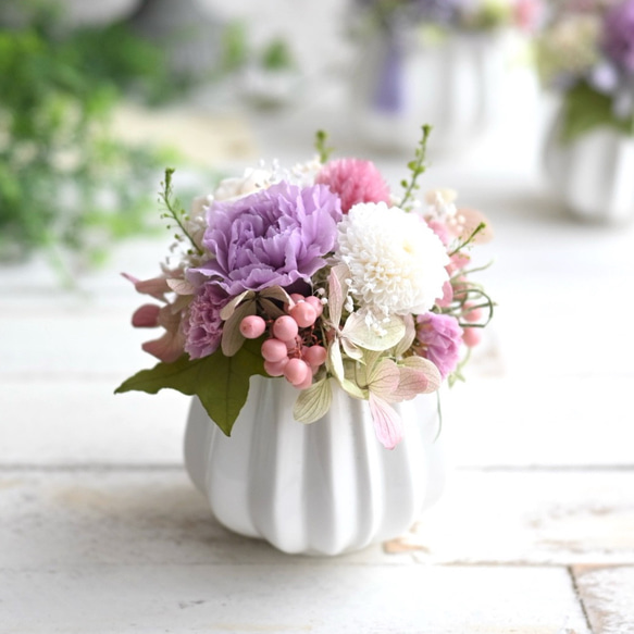 ちゃー　仏花一対　プリザーブドフラワー　お供え花 ちいさなお供え花＊桃色の仏花 プリザーブドフラワー