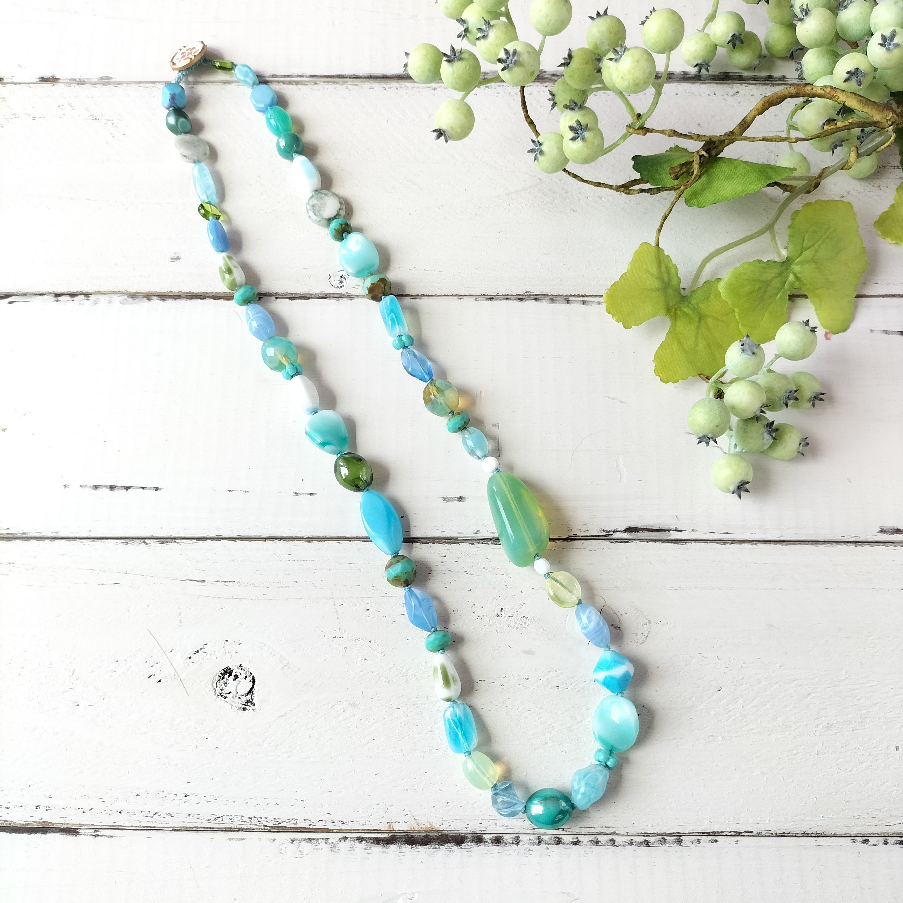 フランス/ヴィンテージビーズ オールノットネックレス 金具不使用 金属アレルギーでも安心 オリジナル巾着付き ギフト無料