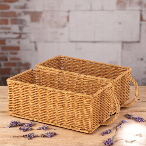 木製バスケット(大小2個セット) 2個セット＞洗える天然木風バスケット｜持ち手ハンドル付き収納