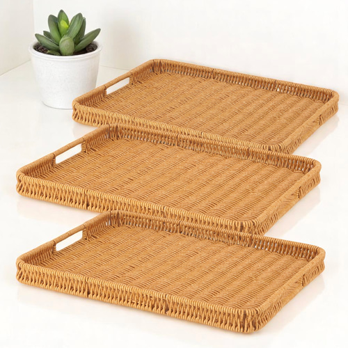 3枚セット＞洗える天然木風 手編みトレー お盆・トレイ antique art
