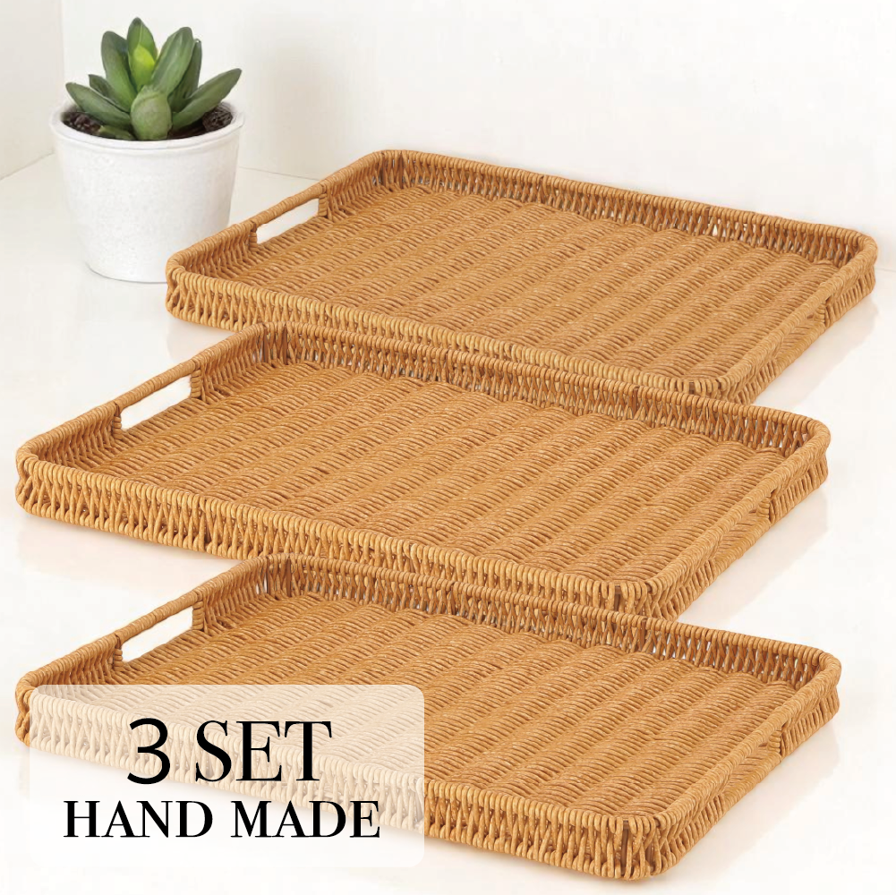 ＜３枚セット＞洗える天然木風 手編みトレー