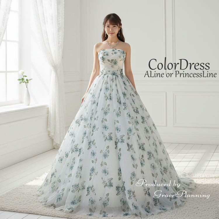 ウェディングドレス 花柄 カラードレス 結婚式 演奏会 発表会 ステージ 舞台衣装  グリーン系 cd13052