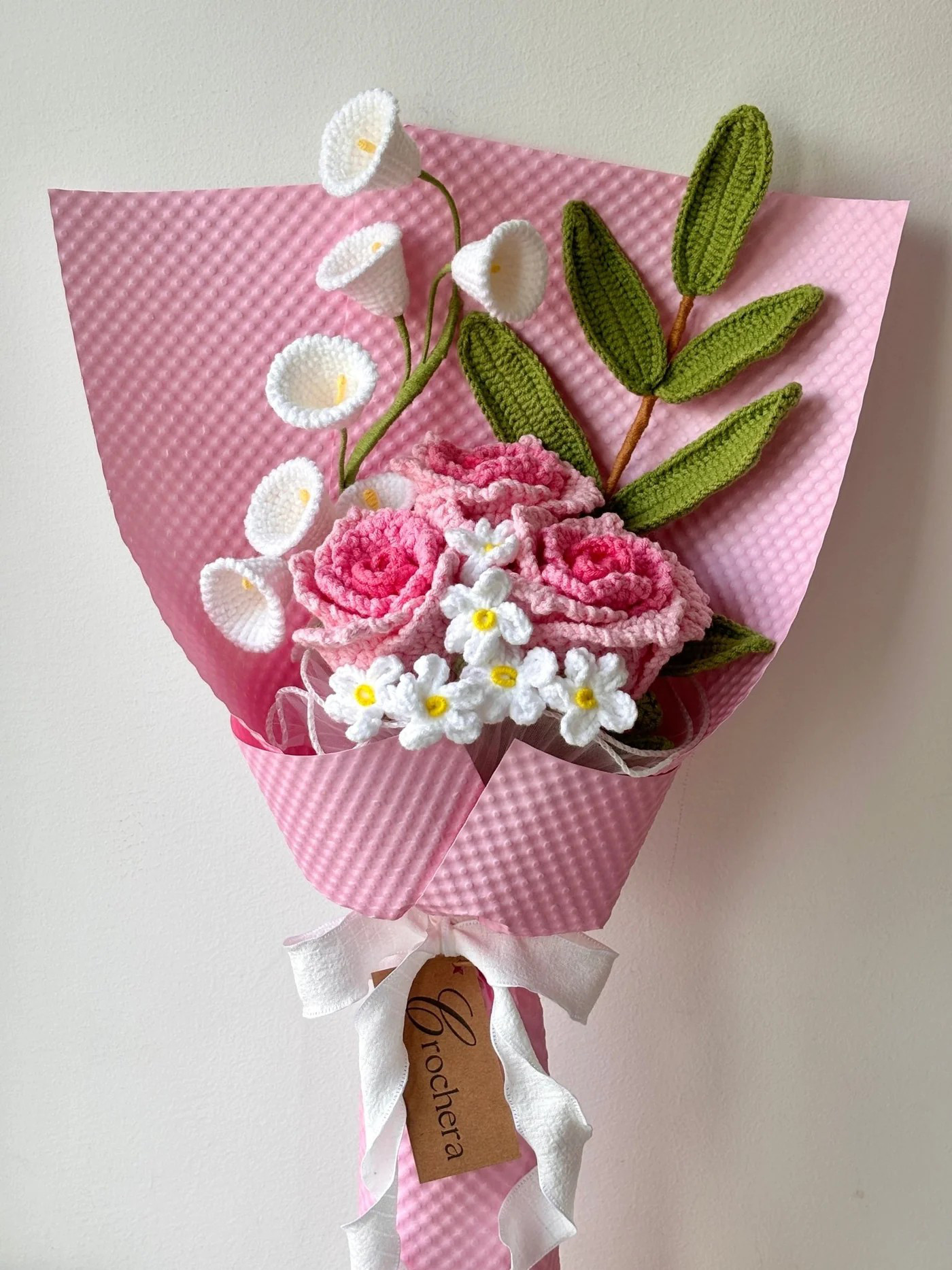 日本国内配送無料｜手編みピンクローゼル花束｜母の日・誕生日・卒業・感謝・結婚・出産・引っ越し祝いに最適