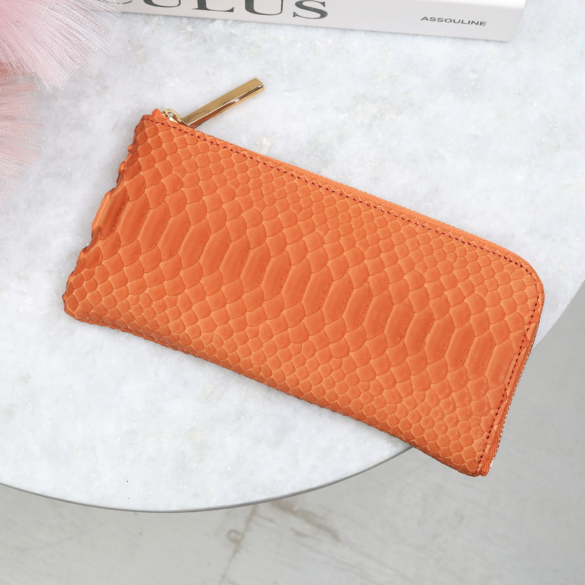 【パイソンオレンジ/L字長財布】ダイヤモンドパイソンレザーのラグジュアリーに仕上げた薄マチ軽量で大きく使えるL字財布
