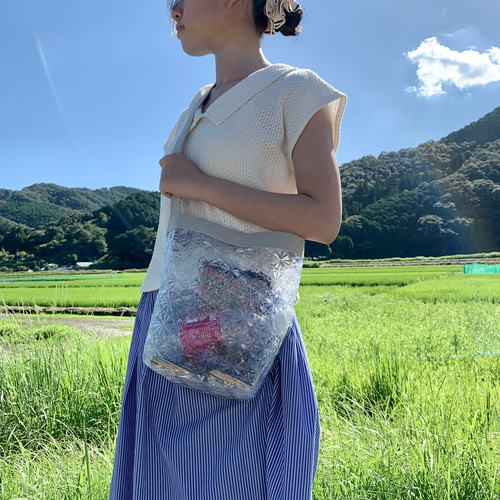 夏本番！浴衣にも！雨でも！リネンとPVCの異素材クリアバッグ。warabi