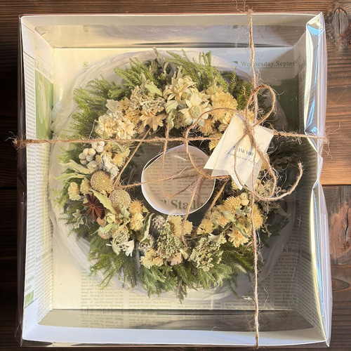 新品 未使用 ドライフラワー フライング リース オーナメント order ラグラスとナチュラルグリーンのフライングリース ドライフラワー
