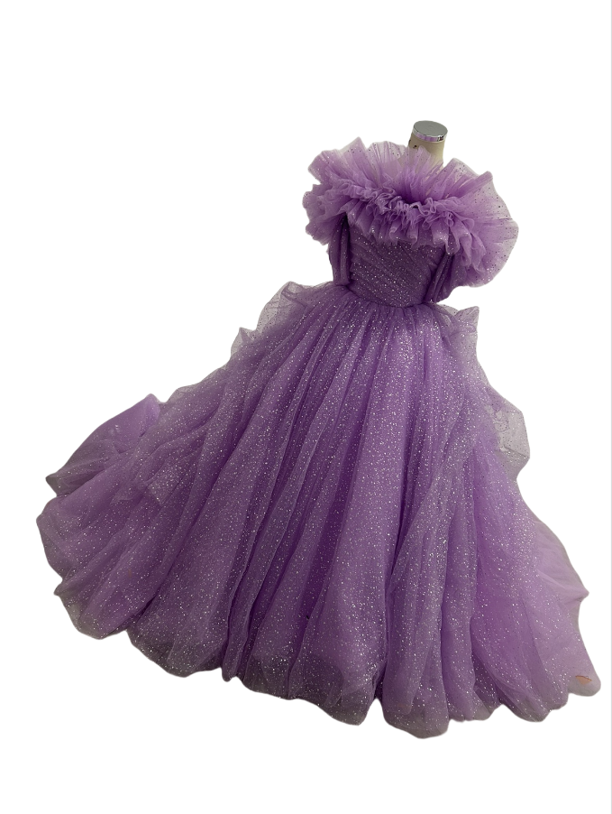 カラードレス パープル 華やかなトレーン リボントレーン オフショルダー キラキラドレス 花嫁