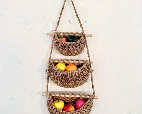 3段ハンギングバスケット 壁掛けバスケット 収納ラック 麻