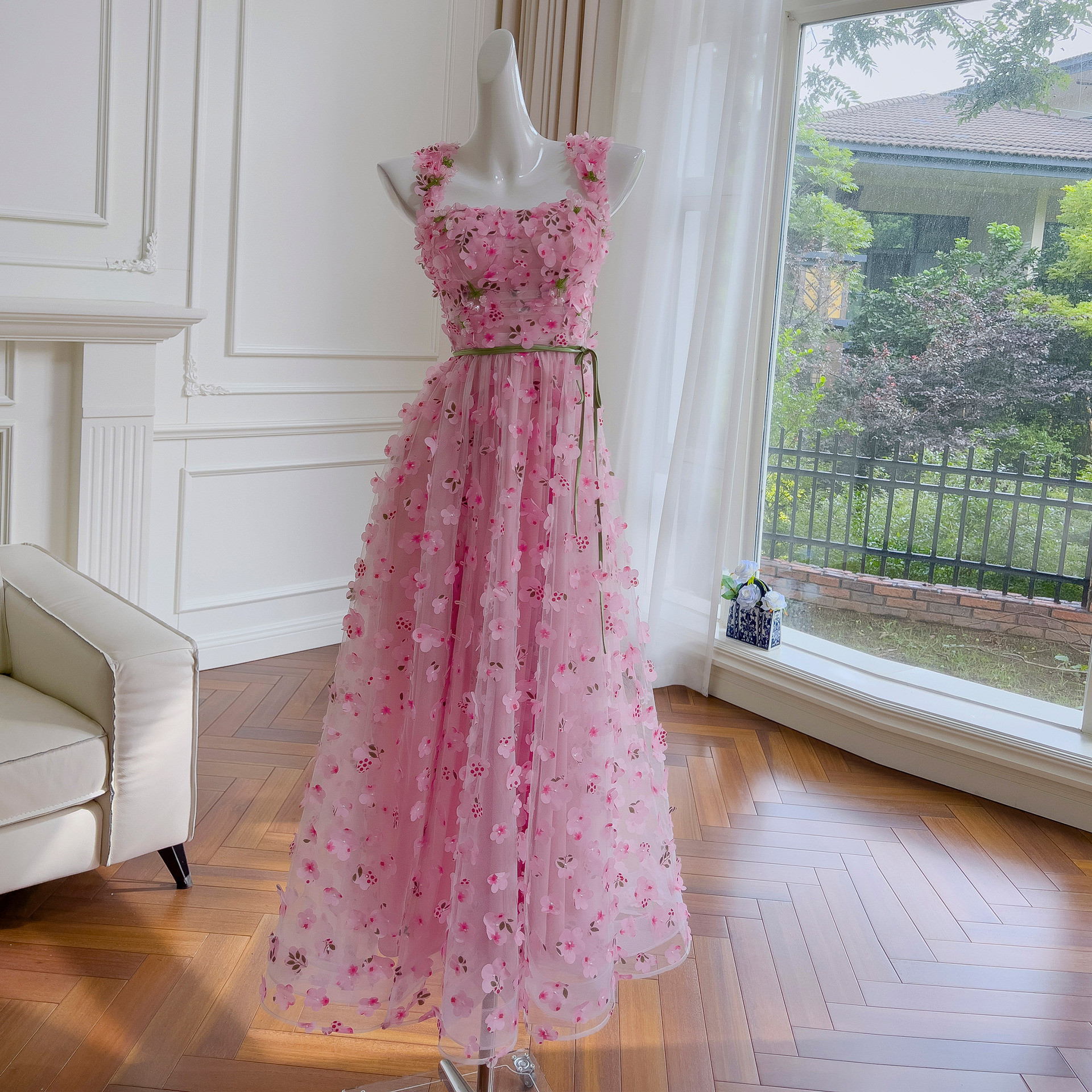 ドレス パーティードレス ウェディングドレス ワンピース 花柄ピンク 上品 高級感優雅 韓国風 結婚式 お呼ばれ 同窓会