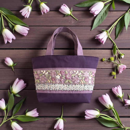 ラベンダー/インド刺繍×キラキラツイード 帆布◇トートバッグ トート