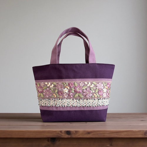 ラベンダー/インド刺繍×キラキラツイード 帆布◇トートバッグ トート