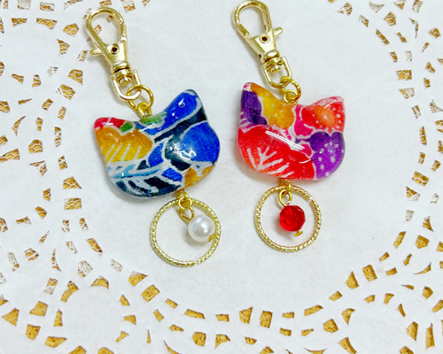 琉球紅型の猫ちゃんキーホルダー 沖縄 カラフル ビーズ