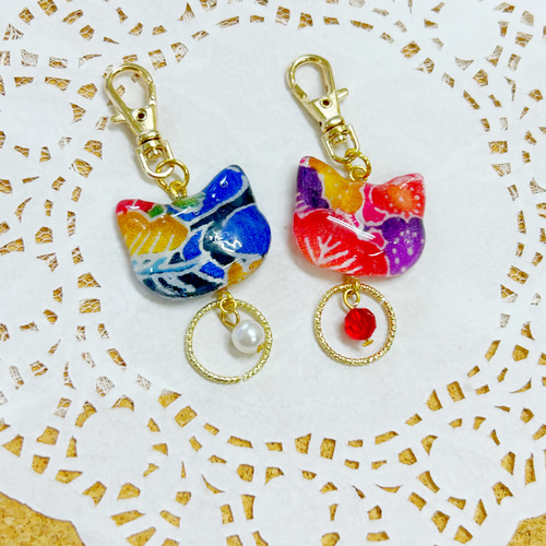 琉球紅型の猫ちゃんキーホルダー 沖縄 カラフル ビーズ キーホルダー
