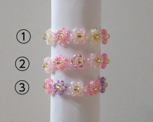 1種選択】ビーズリング 花 ライトピンク×ピンク×ゴールド 韓国