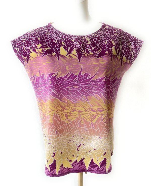 ハワイアン ファブリック フレンチ袖 ブラウス レイ柄 パープル サイズM [hb5-245M]