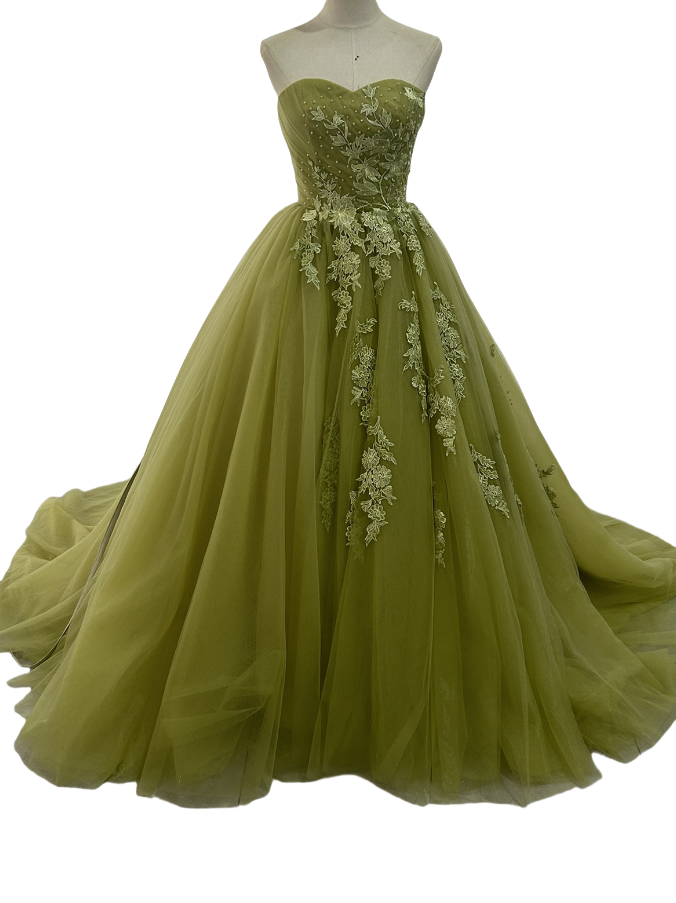 カラードレス まっちゃ色 ベアトップ 3D立体レース刺繍 ビジュー  柔らかく重ねたチュールスカート 編み上げ ブライダ