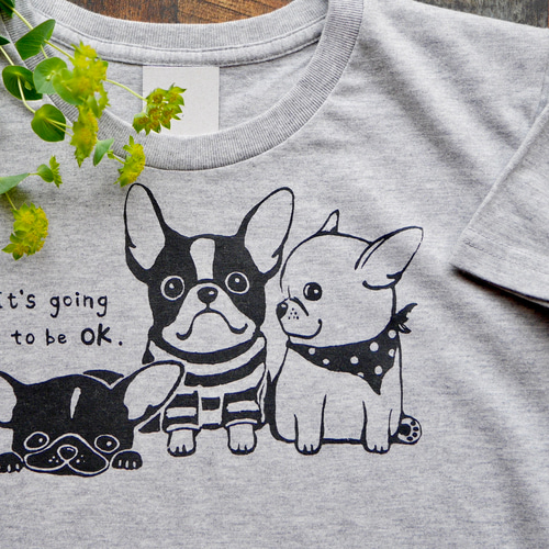 手描きフレンチブルドッグのTシャツ【杢グレー】 Tシャツ インコと