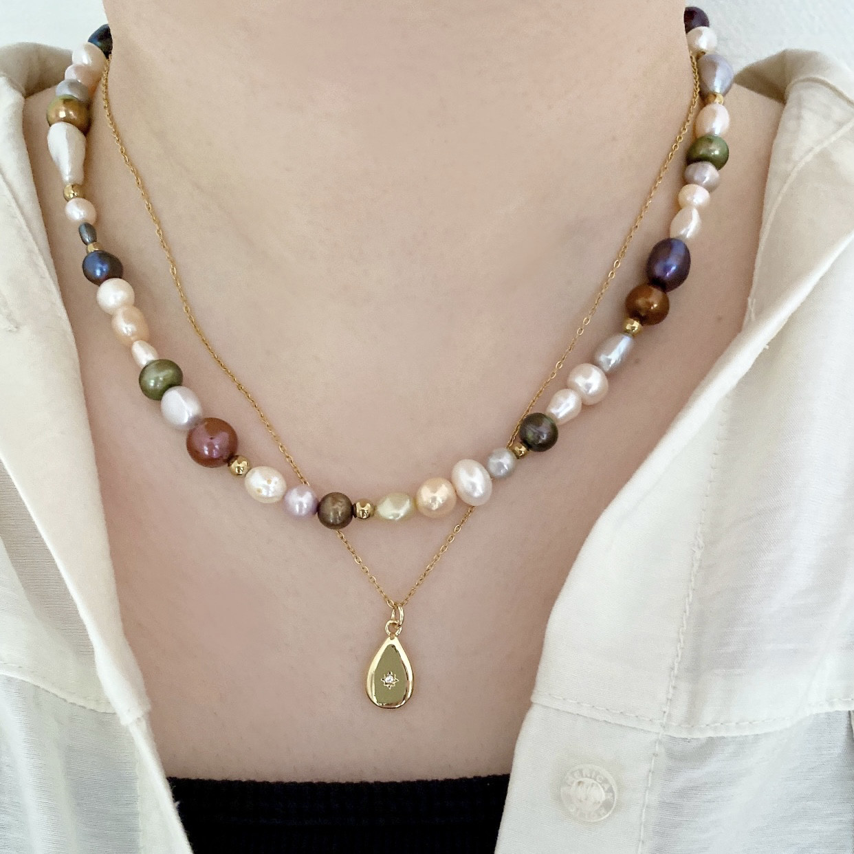 【数量限定 ・2点セット】MIXカラー淡水パールとドロップネックレスセット　サージカルステンレス　金属アレルギー対応