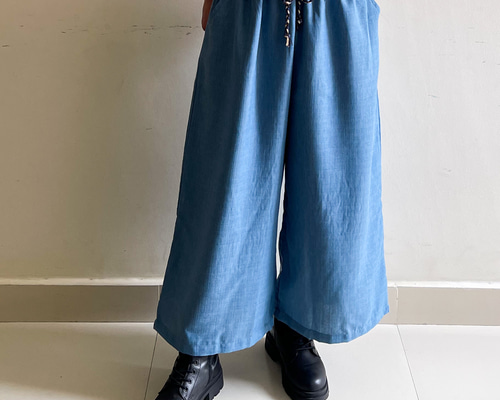 軽くては使いやすい リネンコットン パンツ サックスブルー