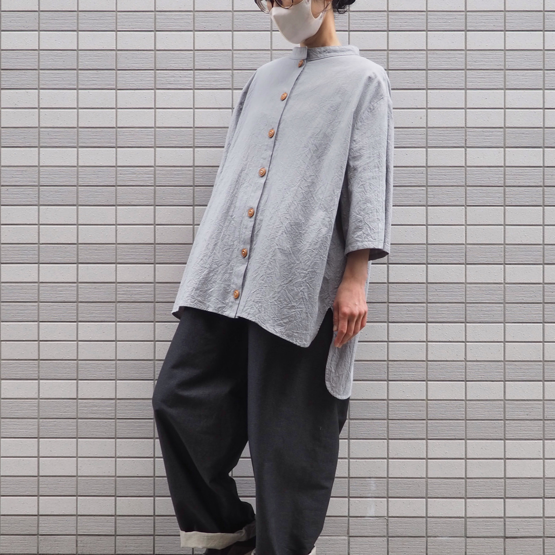 Kushuステップシャツ（綿ワッシャー グレー）【受注生産対応】