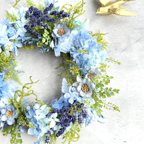 ネモフィラブルーの紫陽花とラベンダーのガーデンリース リース