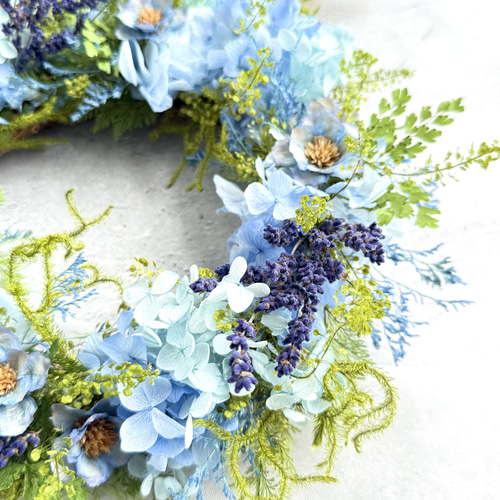 ネモフィラブルーの紫陽花とラベンダーのガーデンリース リース
