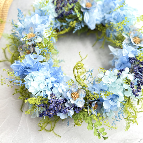 ネモフィラブルーの紫陽花とラベンダーのガーデンリース リース