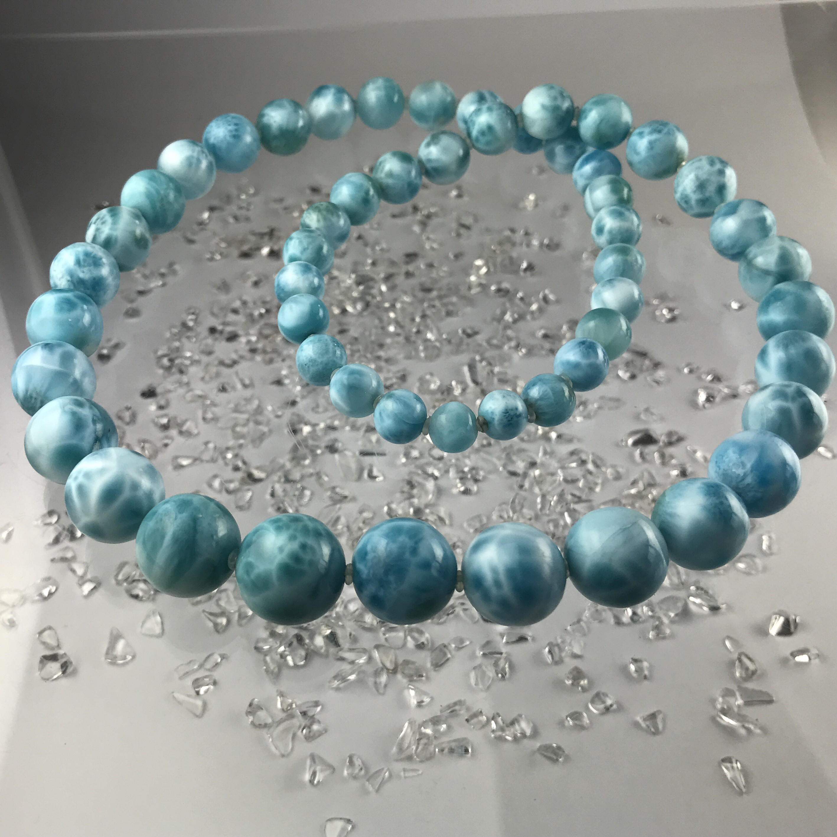 ラリマー首飾り　9mm 〜 16mm 53個 146g 内側直径63cmくらい　AAAAA 〜AAクラス