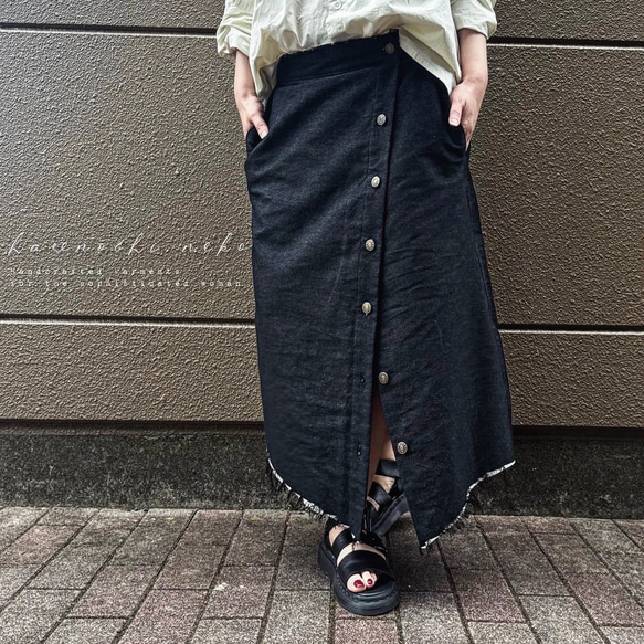 ■3日内発送■【6/30再販】洗練された大人の一枚。深みのあるブラックリジット風デニムラップスカート。ウエストゴム 夏 8枚目の画像