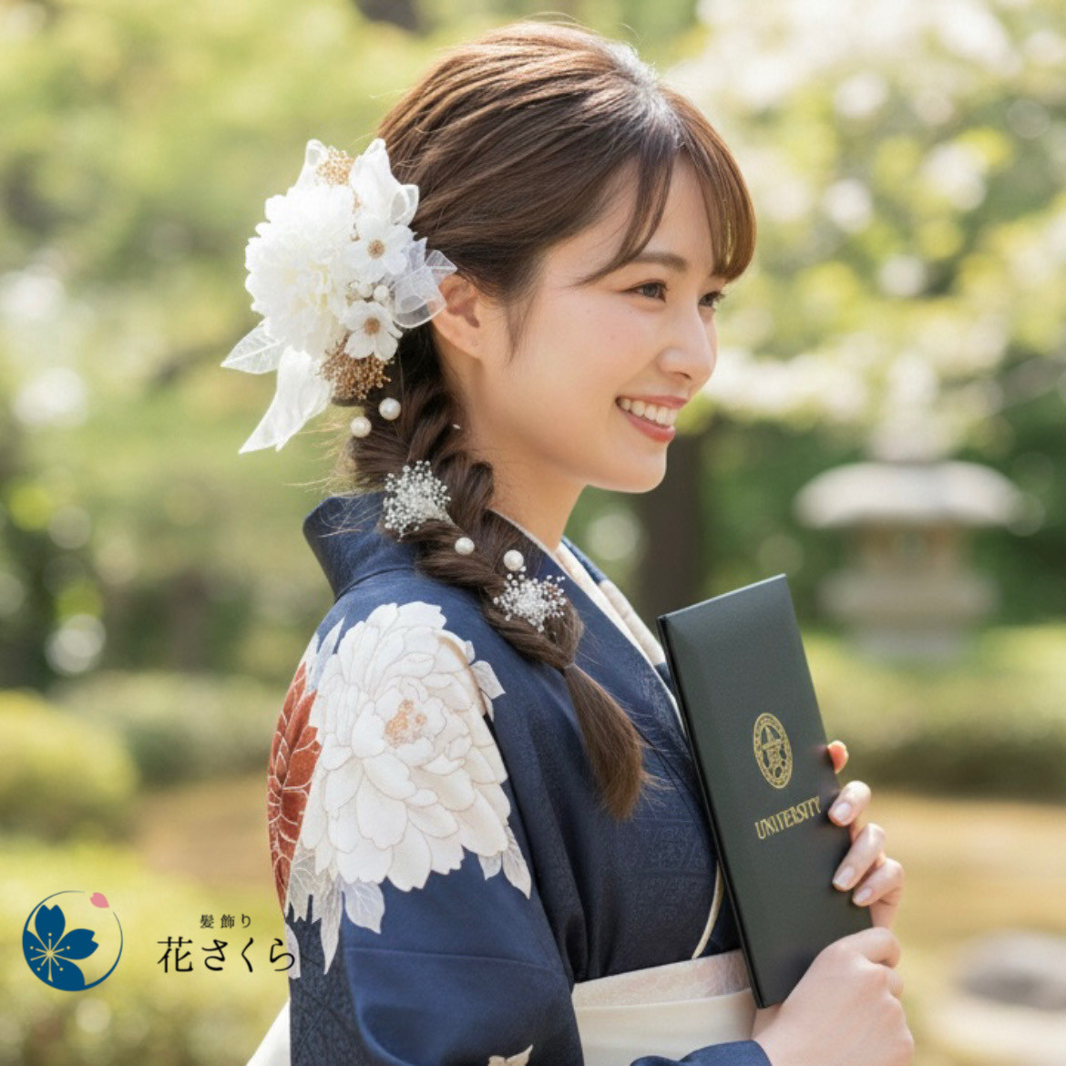 ホワイトダリアとオーガンジーの髪飾り　結婚式　成人式　花嫁　和装　振袖　卒業式　白無垢　色打掛　前撮り　花嫁　着物　白