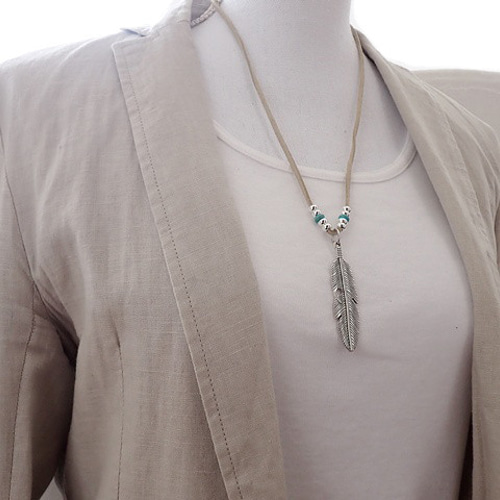 フェザー ネックレス ターコイズ ビーズ レザー スエード シルバー