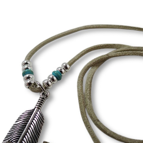 フェザー ネックレス ターコイズ ビーズ レザー スエード シルバー