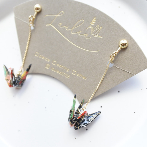 友禅和紙の折り鶴アクセサリー イヤリング・ノンホールピアス Laule'a