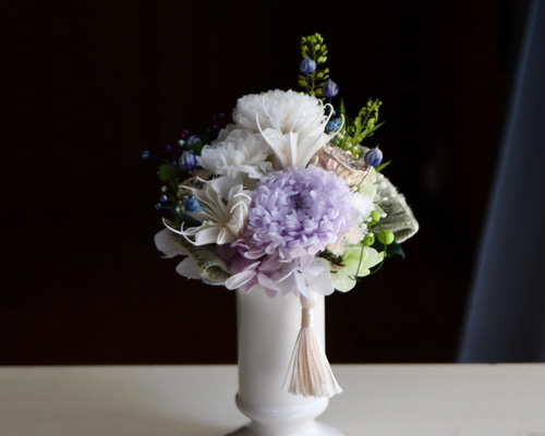 プリザーブドフラワー仏花【アスター＊故人を偲んで＊白い花器】【御霊