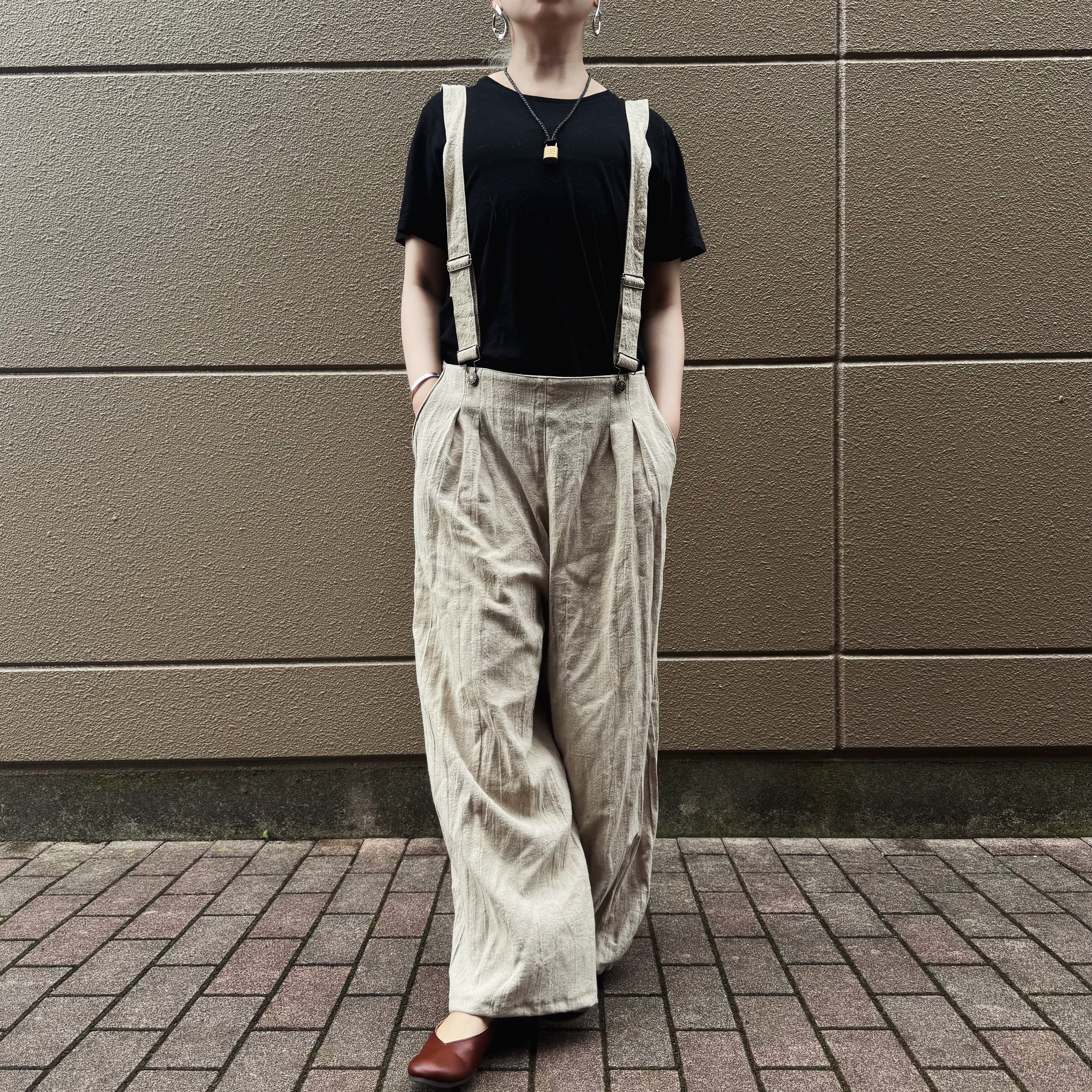 ■3日内発送■【新作】2WAY 生成りエクリュで大人の魅力。「冬リネンオーバーオールサロペット」 ワイドパンツ 冬