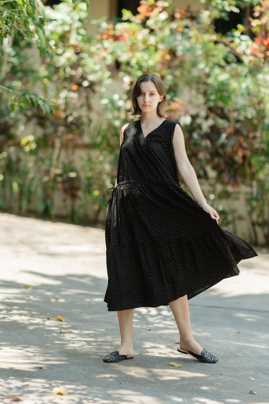 Fine cotton(80番手）ハンドブロックプリントVネックティアードワンピース