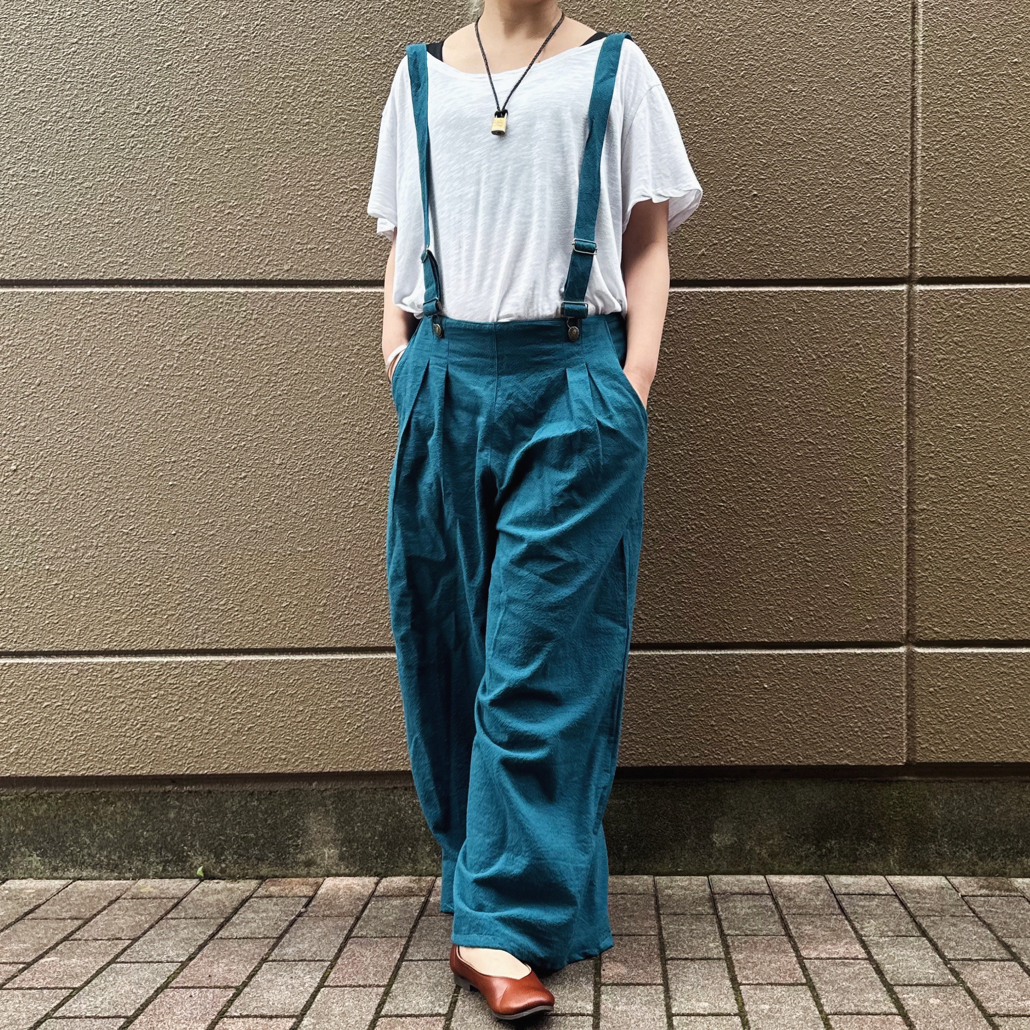 ■10日内発送■【再販】2WAY ターコイズブルーで印象的な魅力。「冬リネンオーバーオールサロペット」 ワイド 冬