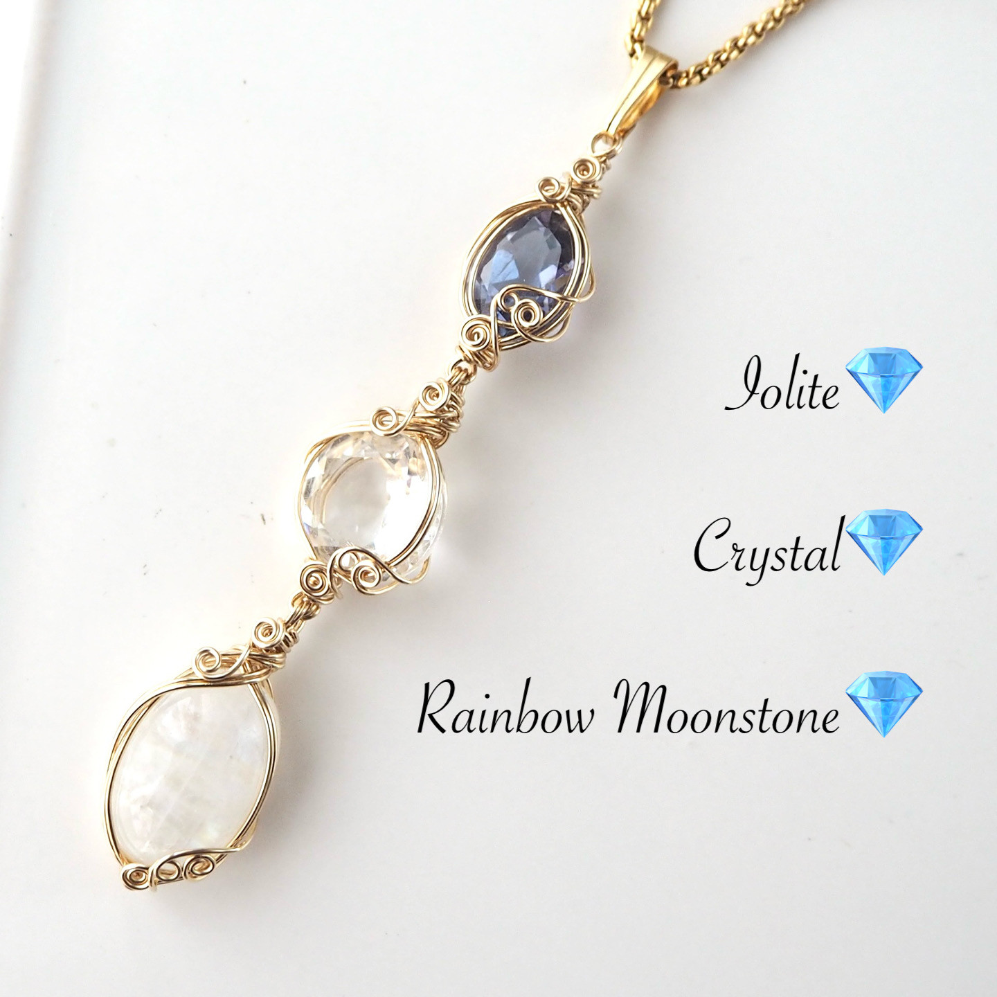 アイオライト 水晶 レインボームーンストーン 3つの宝石のロングネックレス 宝石質 14kgf サージカルステンレス