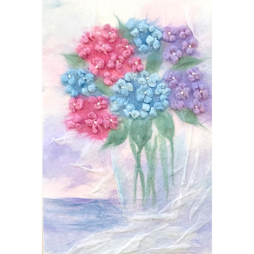 原画】和紙ちぎり絵「ガラス瓶の紫陽花」淡いブルーの癒しアート