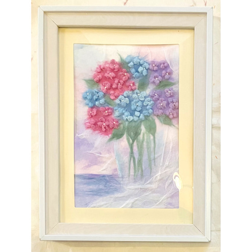 原画】和紙ちぎり絵「ガラス瓶の紫陽花」淡いブルーの癒しアート