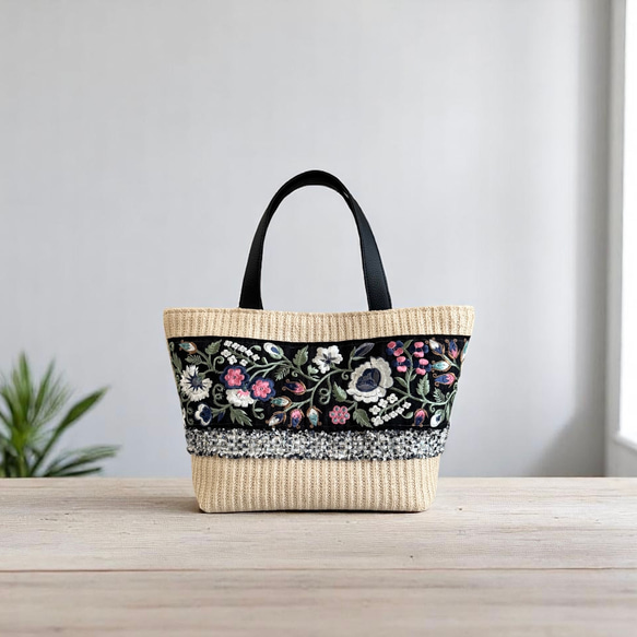 インド刺繍　バッグ　カバン　クラフトマーケット　美品 インド／刺繍】かごバッグ 軽量/ナチュラル かごバッグ KOKORON