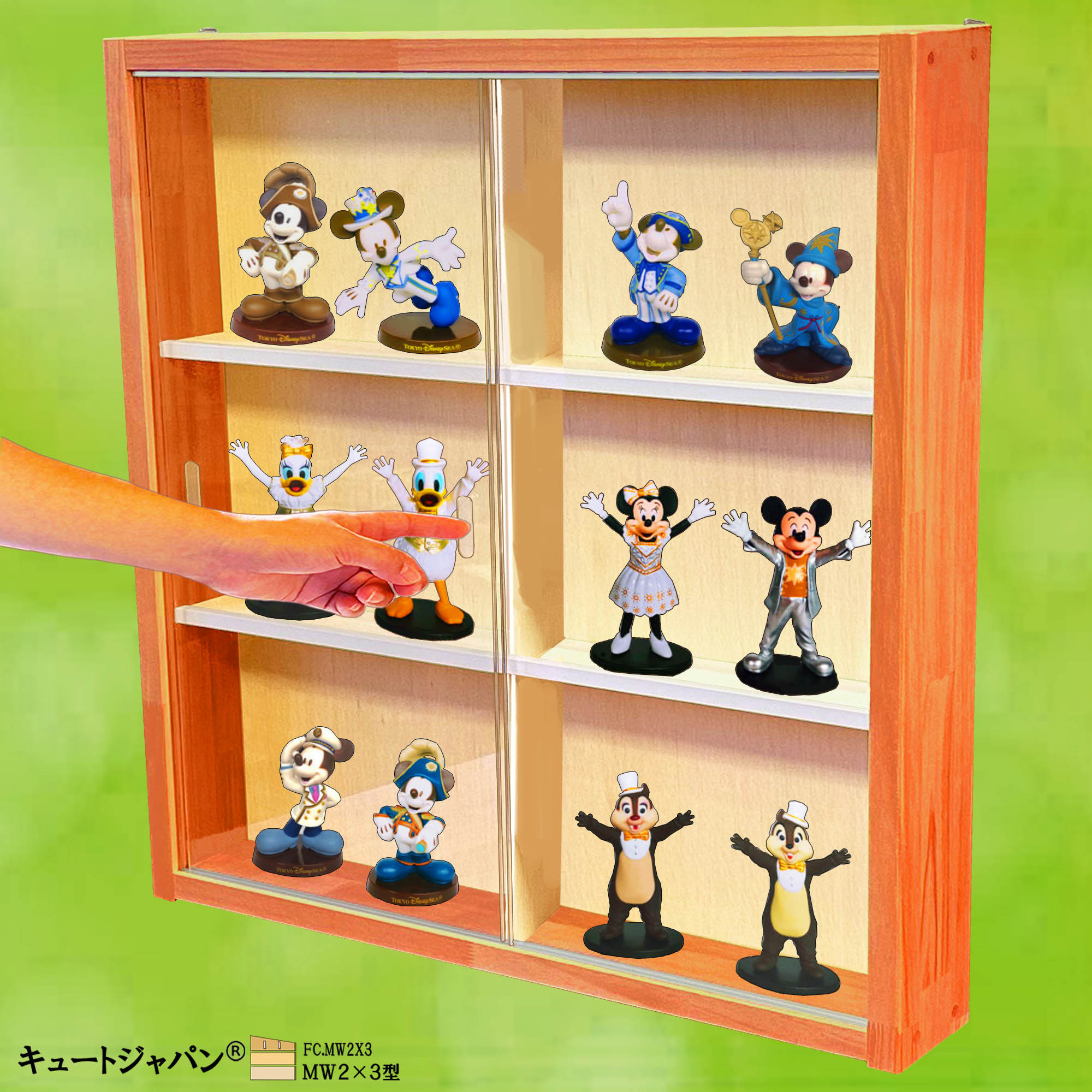 木製ミニチュアフィギュアケース コレクション ディスプレイ 収納棚 ６マス メープル色塗装 アクリル障子付 ＭＷ２×３型