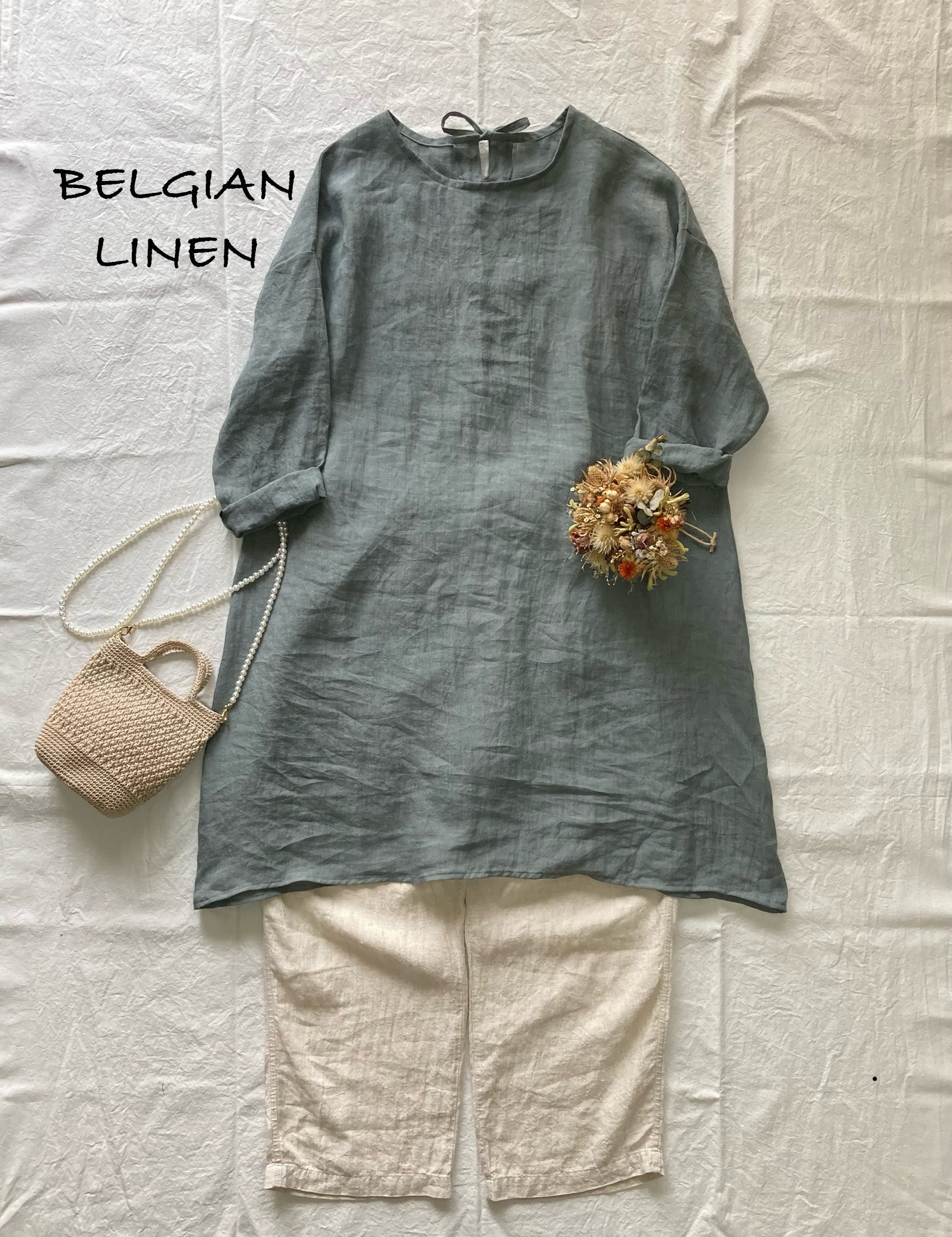 ベルギーリネン　バックリボンワンピース受注製作