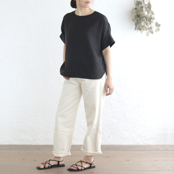 【受注製作】大人のTシャツに。リネンのワイドプルオーバーブラウス（ブラック）TP34 6枚目の画像