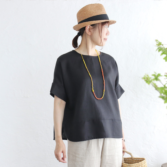 【受注製作】大人のTシャツに。リネンのワイドプルオーバーブラウス（ブラック）TP34 2枚目の画像