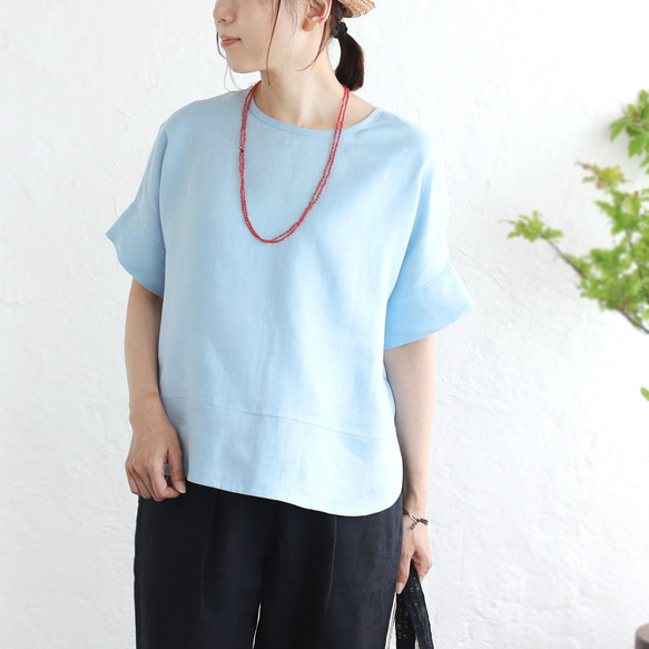 大人のTシャツに。リネンのワイドプルオーバーブラウス（ホリゾンブルー）TP34 3枚目の画像