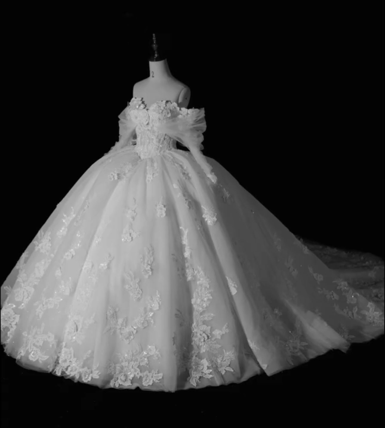 高品質！シアーな美しさ　オフショルダー長袖　白　繊細な小花レース　二の腕を隠せる可愛いウェディングドレス　トレーン結婚式