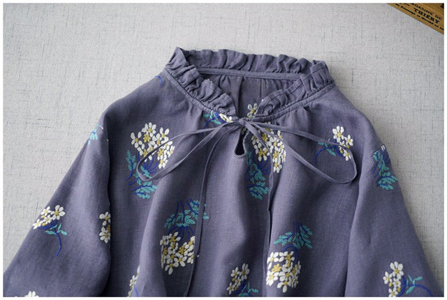 リネン100％紫陽花総刺繍大人可愛い長袖トップス♪