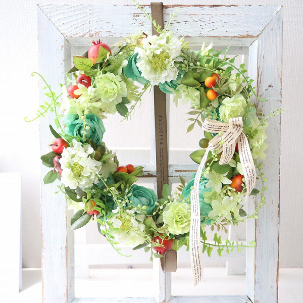 フレッシュグリーンと果実のリース 　造花　直送ok　新築祝い　開店祝い　母の日　誕生日　496