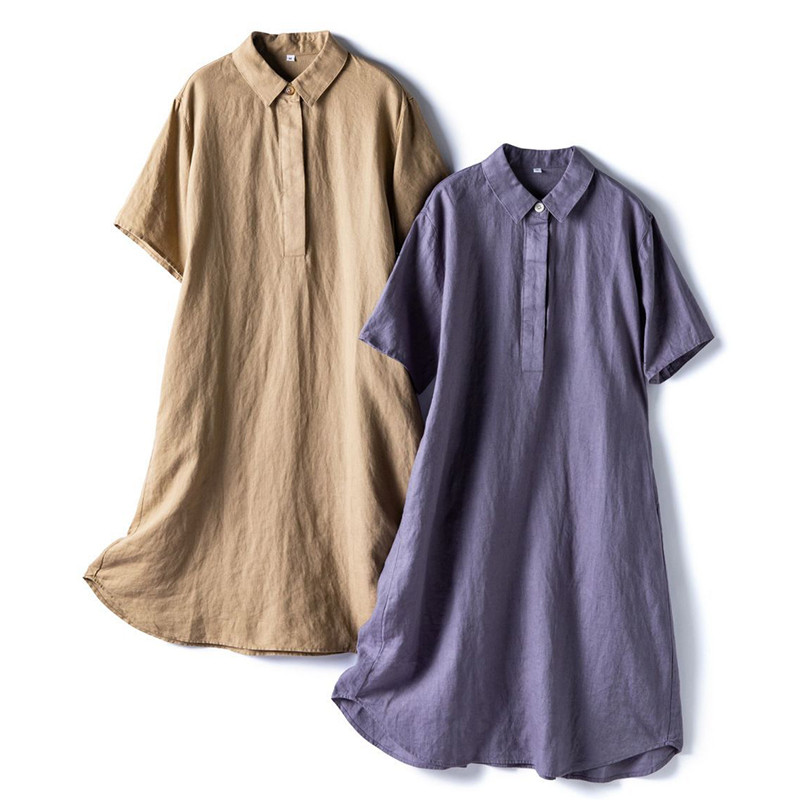 POLO襟リネンワンピース　半袖リネンワンピース　2色　M-2XLサイズ　L642